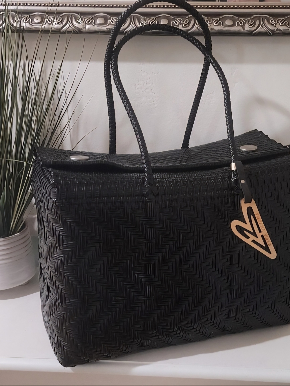 Black Woven Tote with Heart Charm - Stylish Everyday Carry